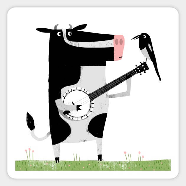 Banjo Cow with magpie Sticker by Gareth Lucas